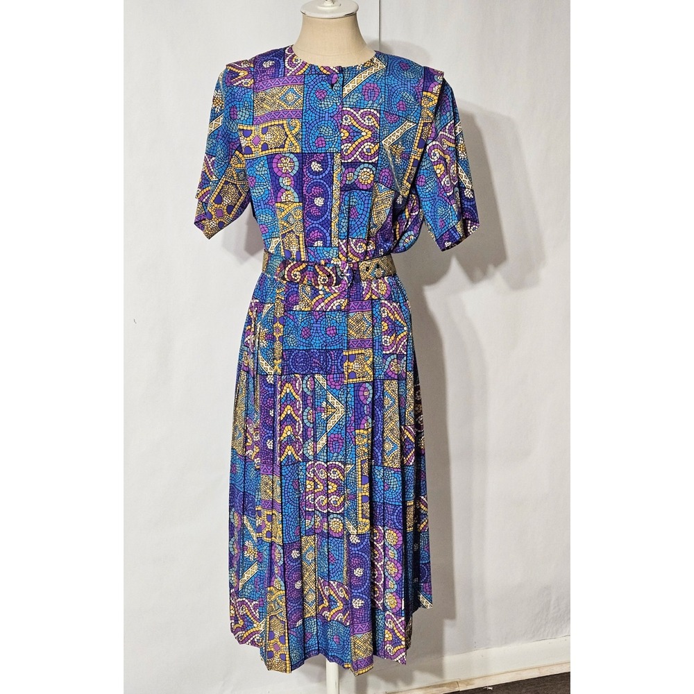Vintage Leslie Fay Petite 14 Blue Purple Pleated Belted Midi Dress